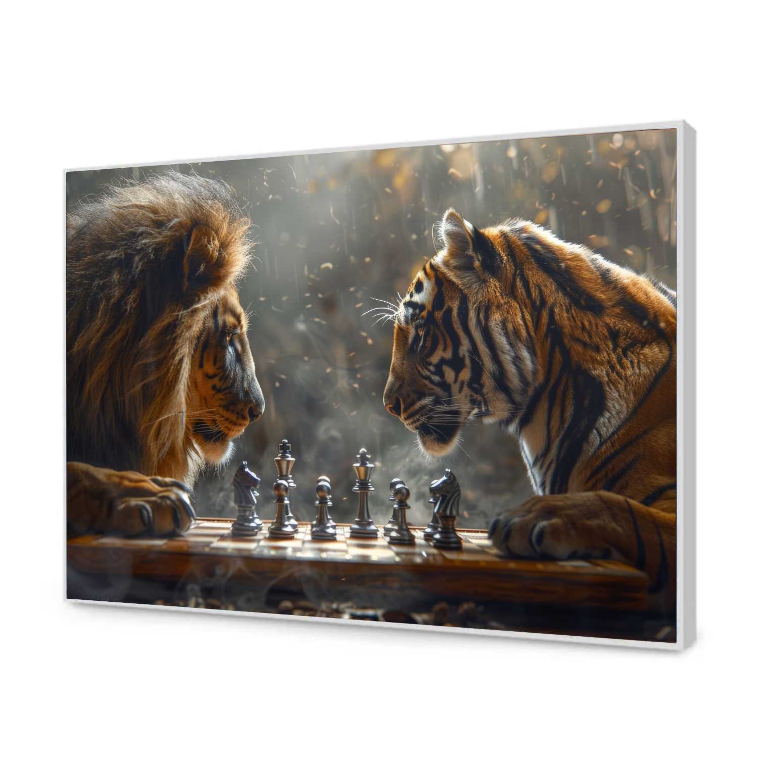 Quadro Decorativo Leão vs Tigre Jogando Xadrez 